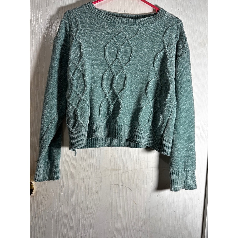 Yuna Fashion Sage Green Chenille Cable Knit Cropped Sweater Crew Neck